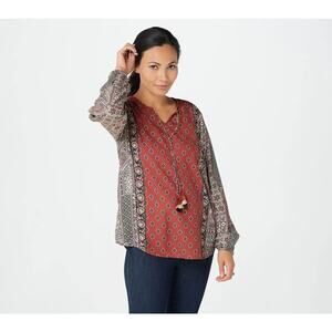 Tolani Top Maroon Floral Boho Ethnic Tassels Brown Cream Geometric Size XXS